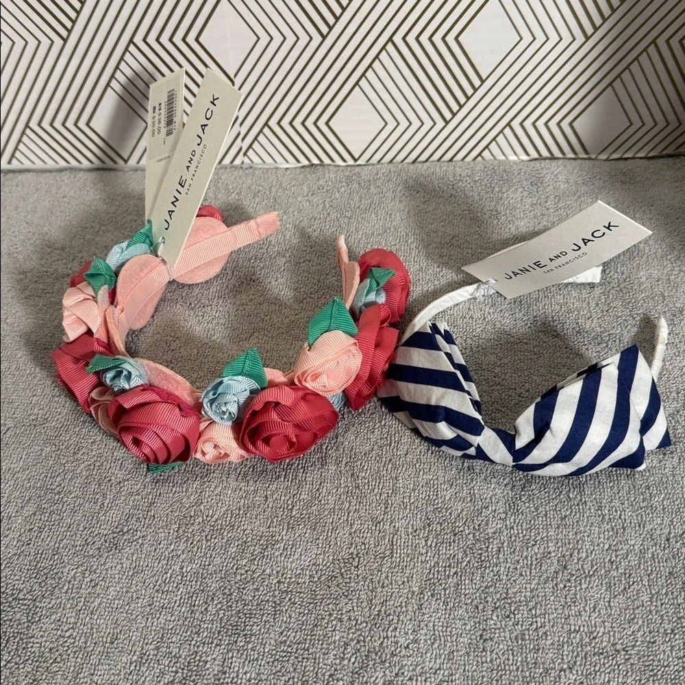 Janie and‎ Jack headbands NWT set of 2 one with pink flowers and one Blue Stripe